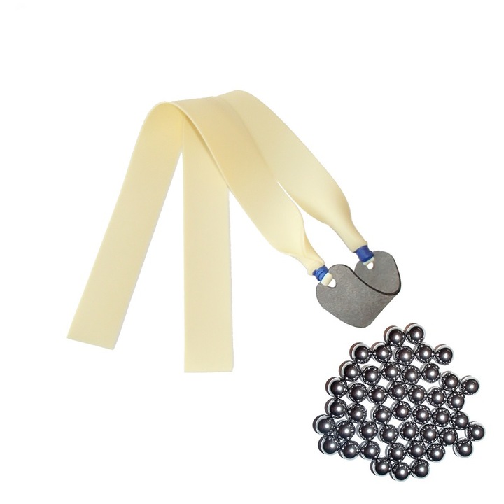 1,2 mm-es fehér latex heveder készlet, 2 cm x 30 cm és 30 acél golyó 15 mm, lövedékzseb köveknek és golyóknak 3 x 9 cm