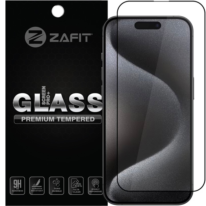 Folie de sticla ZAFIT®, Compatibil Apple iPhone 15 Pro, Protectie Profesionala Ecran 3D, Full Cover- Negru