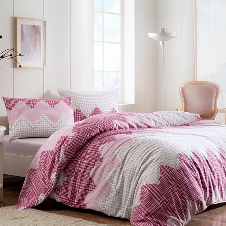 Lenjerie de pat cu elastic pentru 1 Persoana, TAC, 100x200, Flanel Gael, Bumbac 100%, 3 piese