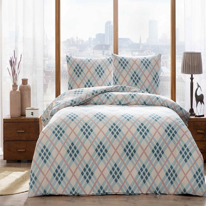 Lenjerie de pat cu elastic pentru 1 Persoana, TAC, 100x200, Andra, Albastru, Bumbac 100%, 3 piese