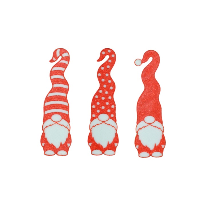 Set cu 3 spiridusi de Craciun, gnomi decorativi pentru brad sau perete, rosu glitter, 170x50x2 mm