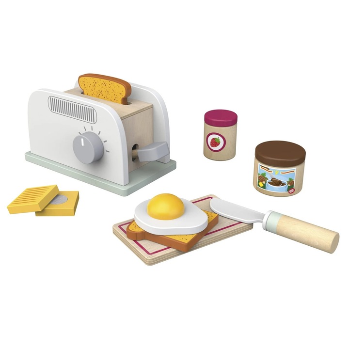 PlayTive KU-12906 Pop-up játék fa kenyérpirító készlet pirítóssal, tükörtojással, vajjal, nugátkrémmel, lekváros fazékkal, deszkával, műanyag késsel (12 részes)