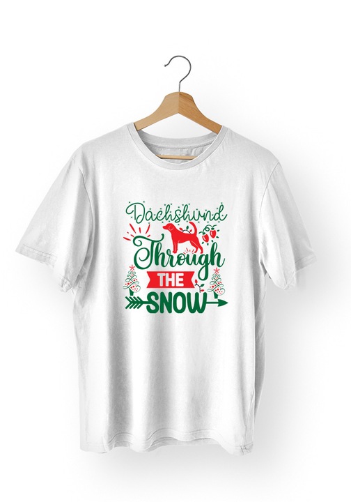 Tricou Dama Christmas A373-Dachshund Through The Snow-01, Bumbac, Negru, L