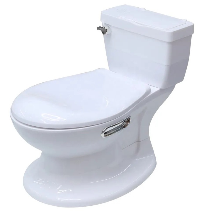 Olita muzicala pentru copii Little Mom White model educativ cu design realist tip minitoaleta, cu adaptor moale din spuma PU, vas colector pliabil si detasabil, suport pentru hartie igienica, dimensiune 50 x 41 x 25 cm