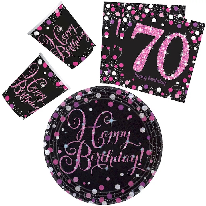 Парти комплект Happy Birthday 70 с чиния 23 см 32 бр (розови)