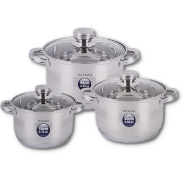Set 3 Oale din otel inoxidabil cu capac, 2.7 l, 3.6 l, 4.8 l, inox
