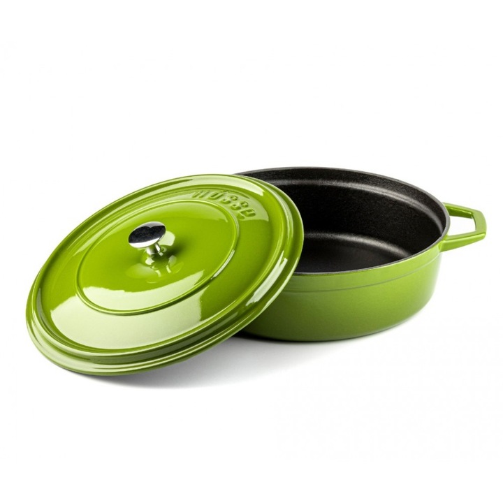 Oala de fonta emailata, Hosse, 28 cm, cu capac, verde, ingusta