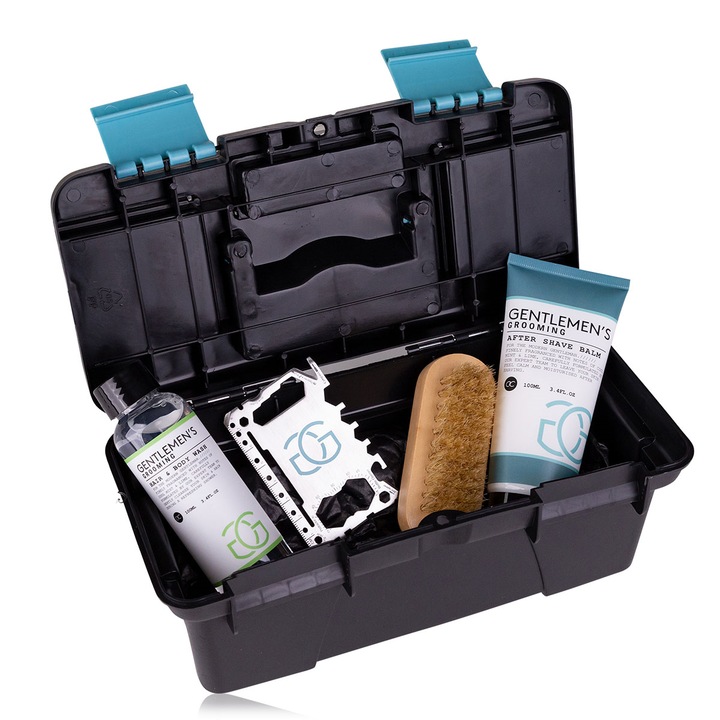 Set pentru barbati cu gel de dus 2&1 60ml, balsam after shave 60ml, perie, multi instrument si cutie de unelte