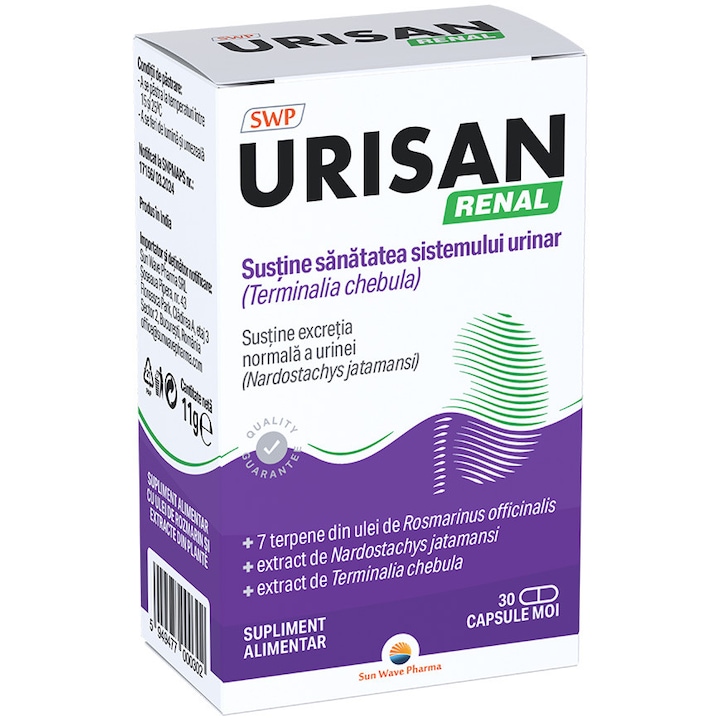 Urisan Renal, Sun Wave Pharma, Extract de Terminalia chebula pentru sănătatea sistemului urinar, ulei de Rozmarin, 30 capsule