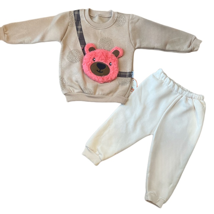 Compleu 2 piese, vatuit, pentru fete maro, cu urs roz