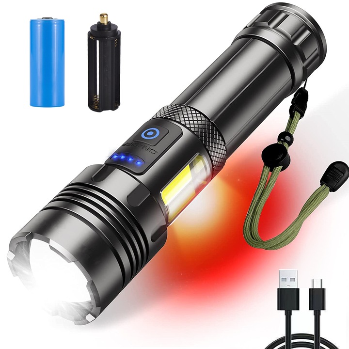 Професионално тактическо фенерче SDLOGAL, XHP160 и ултра-ярък COB LED, 3 светлинни режима, регулируем фокус, IPX4 водоустойчивост, USB зареждане, черен