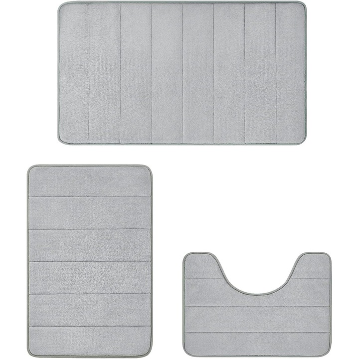 Set 3 Covorase Baie, SDLOGAL, spuma cu memorie, Antiderapante, 80x50 & 60x50 & 60x40cm, Masina de spalat, Gri Deschis