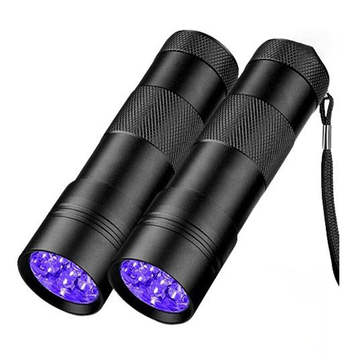 Тактическо LED фенерче, YWX, 2 броя, 12 светодиода, UV за нокти, Батерия (батериите не са включени), 9.7X3cm, Алуминий, Лилав