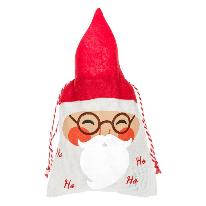 Saculet pentru cadou de Craciun Shopiens®, din panza de in bej, cu designul lui Mos Craciun, 12 x 15 cm