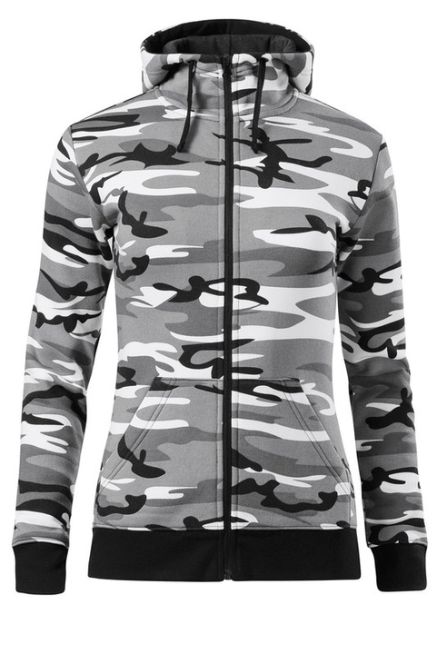 Hanorac pentru Dama, Camouflage, 65% Bumbac, Croiala Cambrata, Buzunare Tip Marsupiu, Gluga Captusita cu Snur, Gri