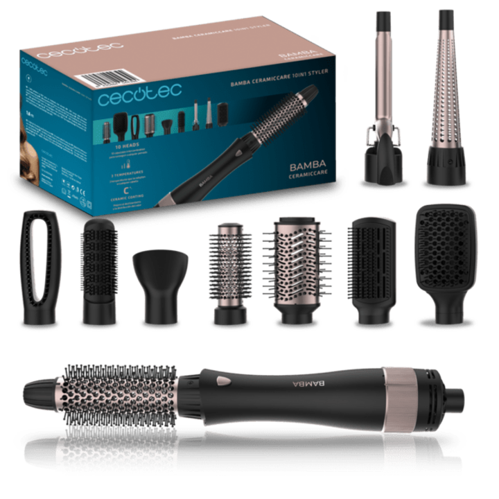 Cecotec Bamba CeramicCare Styler Meleglevegős kefe készlet, 10 az 1-ben, 10 cserélhető fej, teljesítményszintek, hideg-meleg levegő, kerámia