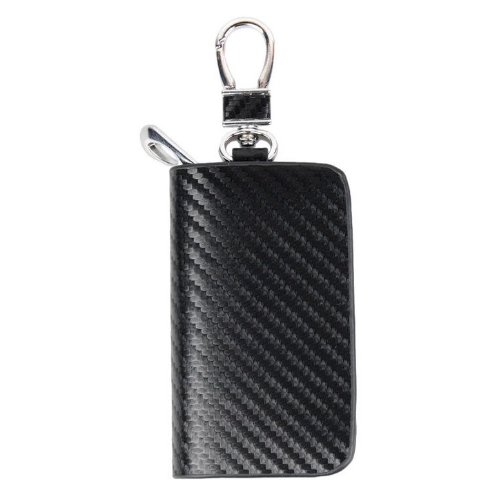 Husa tip breloc pentru cheie auto, Sunmostar, Piele / Fibra de carbon, 10 x 6 cm, Negru
