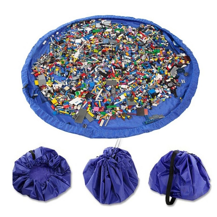 Játéktároló zsák húzózsinórral, kék, 1.5m, hordozható