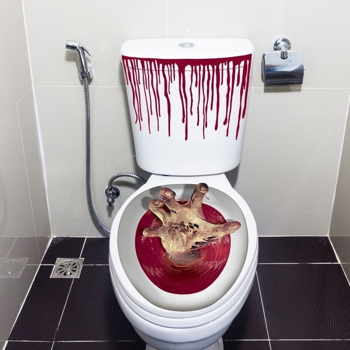 Dekoratív matrica WC-re, Halloween matrica, PVC, 3D véres kéz minta, öntapadós, vízálló, piros