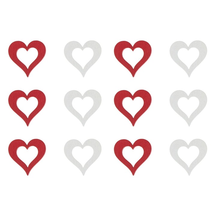 Set 12 Inimi Decorative din Lemn Shopiens®, rosii albe, 3 x 3 cm