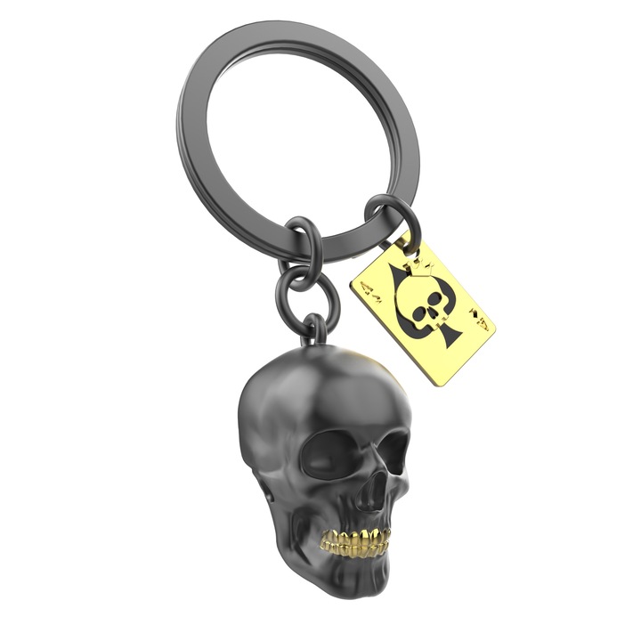 Breloc Cap de mort negru cu accesoriu carte de joc ambalat in cutie