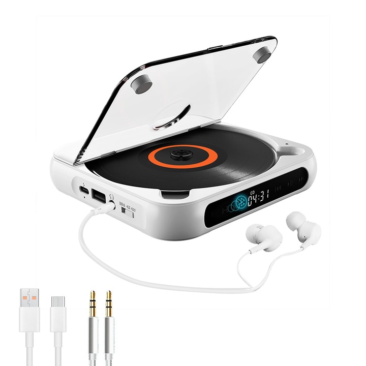 Портативен CD плейър, WALALLA, Със слушалки, Bluetooth, Бял