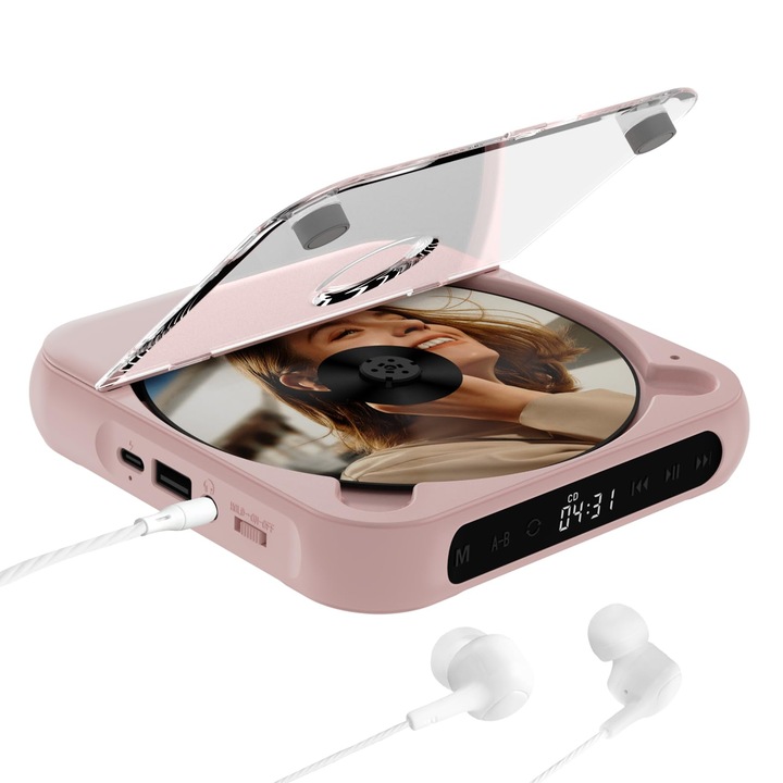 CD Player portabil, Bluetooth, cu casti, reincarcabil, ecran tactil LED, mod rezistent la soc, WALALLA, roz
