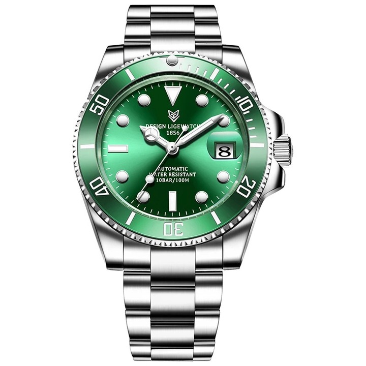 Мъжки часовник Lige Mechanical Watch, Водоустойчив, Неръждаема стомана, Зелен