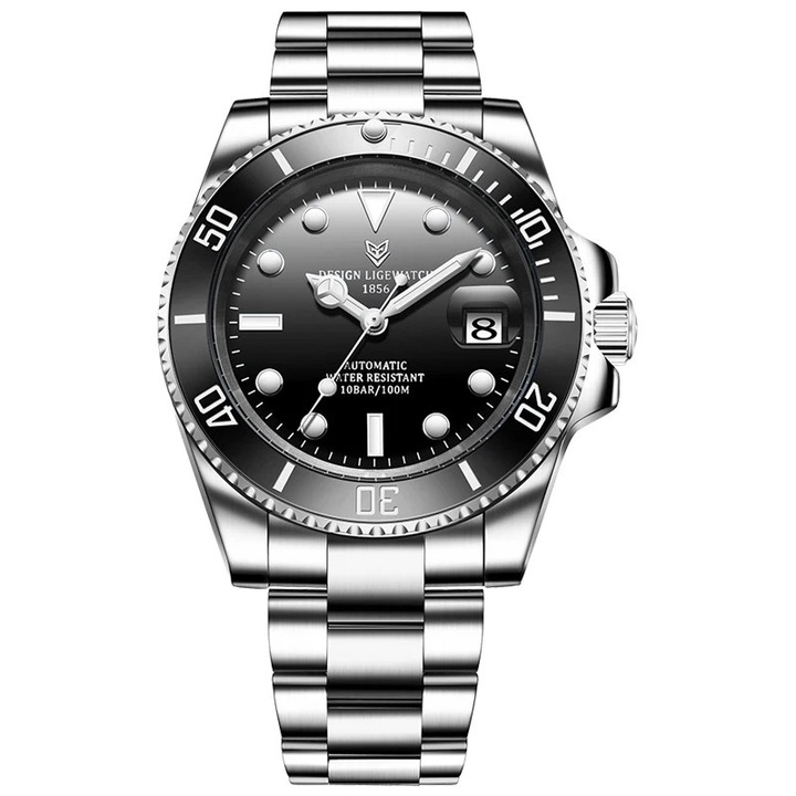 Мъжки часовник Lige Mechanical Watch, Водоустойчив, Неръждаема стомана, Черен