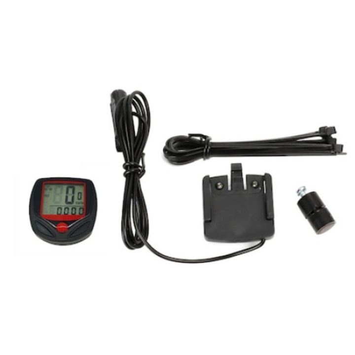 Велокомпютър, ABS, Водоустойчив, Черен/Червен