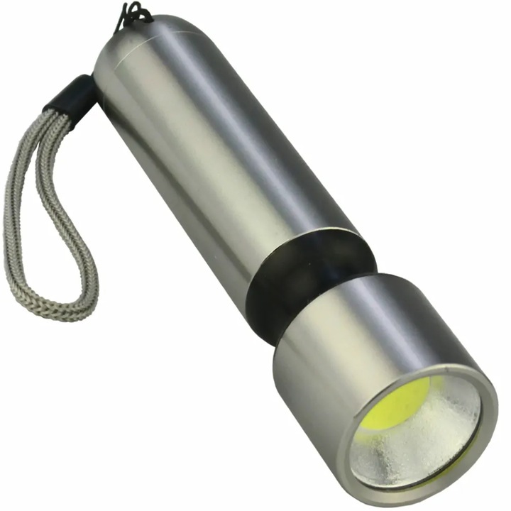 Мини COB LED метален фенер, захранван от 3x R3 батерии, 11.5 x 3 см, сребристо-черен