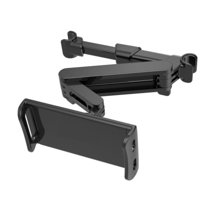 Suport auto compatibil cu tablete sau telefoane, atasare pe tetiera, brat pliabil si rotatie 360 de grade, Negru