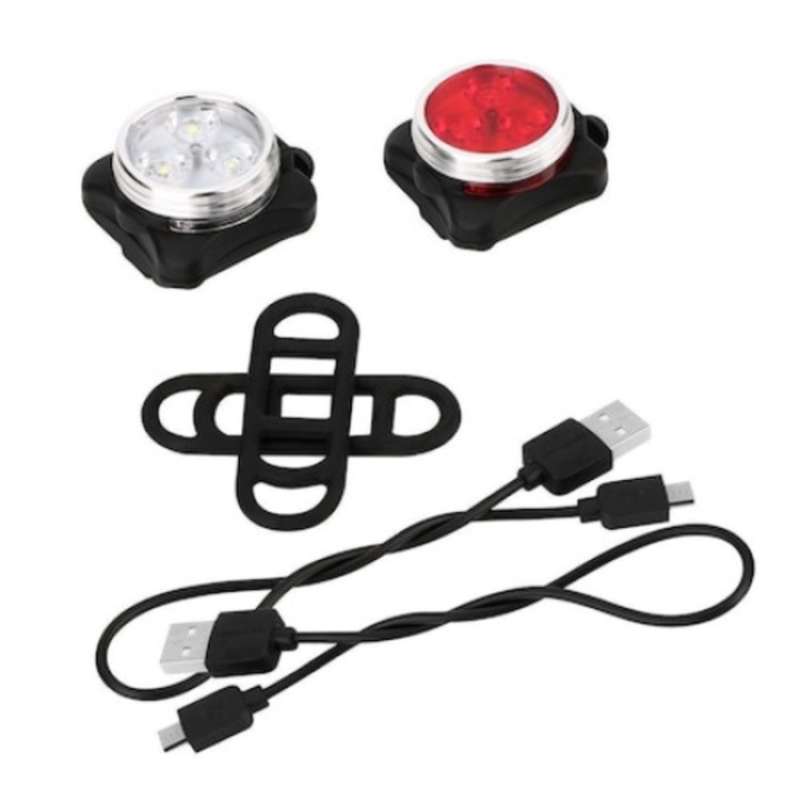 2 db kerékpár lámpa készlet, alumínium/műanyag, LED, USB, fehér/piros
