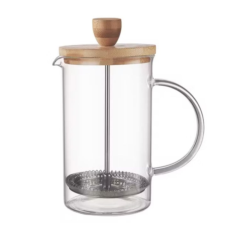 Cafetiera French press din Sticla Termorezistenta, Bambus si Inox, 1000 ml
