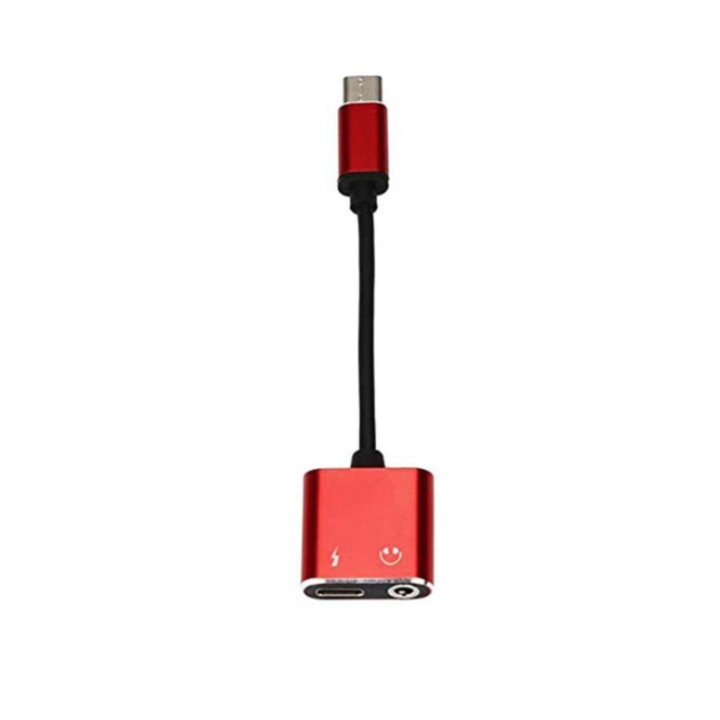 USB Type C 2in1 adapter, fejhallgató és töltő, piros