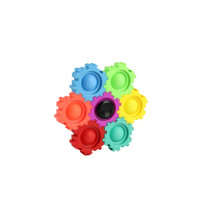 Jucarie interactiva tip fidget spinner senzorial, cu bule Pop-It, asamblabil in diverse forme multicolor