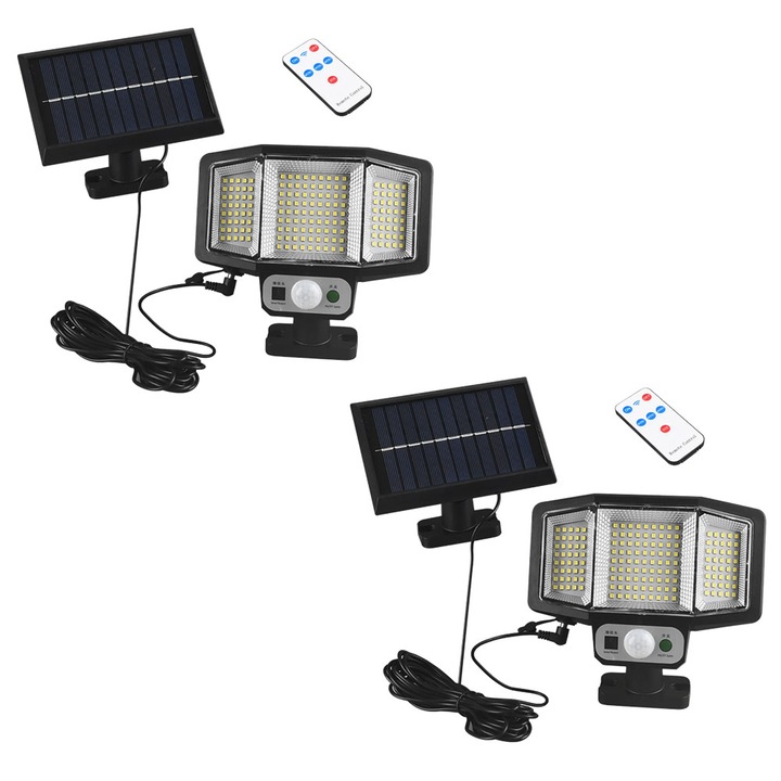 Комплект от 2 x NEXTLY соларна лампа за зареждане, 161 x SMD LED, сензор за движение и светлина, 3 режима на работа, 2400mAh батерия, отделен соларен панел, дистанционно управление