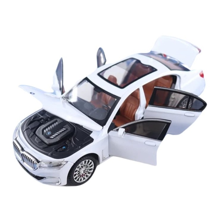 Masinuta metal mecanica, model BMW 760 THE7, scara 1:24, sunete, usi mobile, capota mobila, portbagaj mobil, alb, 22 cm