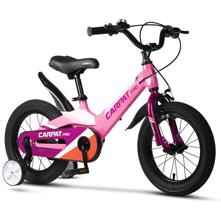 Детски MTB велосипед с 14" колела, алуминиева рамка, интегрирани кабели, предни C-спирачки/задни барабанни спирачки, спомагателни колела, розово/фуксия, Carpet PRO Baby Kids за възраст 3/5 години - между 75-100 см