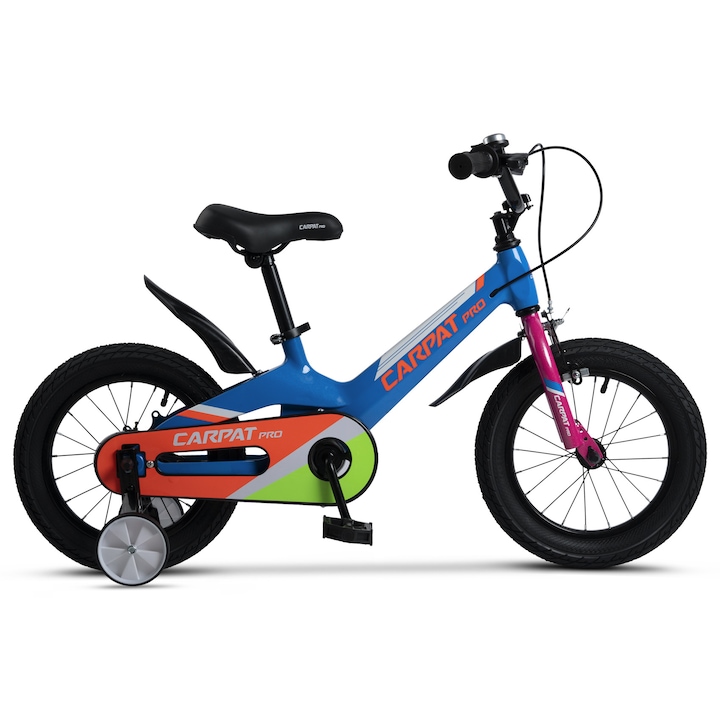 MTB велосипед за деца 3-5 години Carpat Pro JSX14122, Алуминиева рамка с интегрирани кабели, 14 инча колело, V-Brake, единична скорост, спомагателни колела, синьо с оранжево