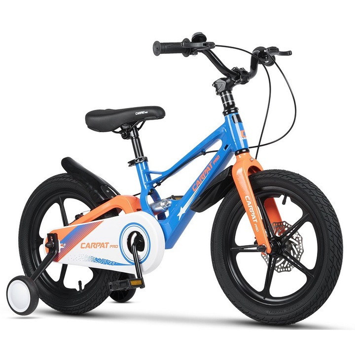 Bicicleta MTB pentru copii cu Roti din Magneziu de 16", Cadru din Aluminiu, Suspensie dubla, Frane Disc, Roti Ajutatoare, albastru/portocaliu, Carpat PRO Genius Bike pentru Varsta 4/6 ani- Intre 115-120 cm