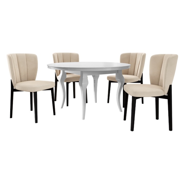 Set Masa extensibila Julia FI 120 + 4 x Scaune Martiresto, MIRJAN24, alb lucios + negru / bej