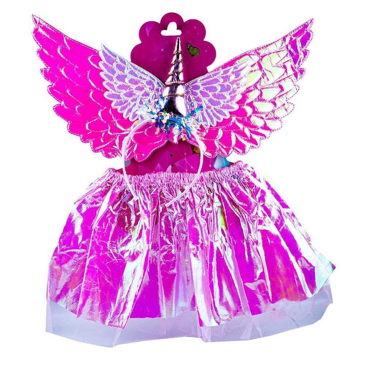 Costum Printesa Unicorn pentru fetita, cu fustita, aripi si cordeluta cu unicorn, Roz