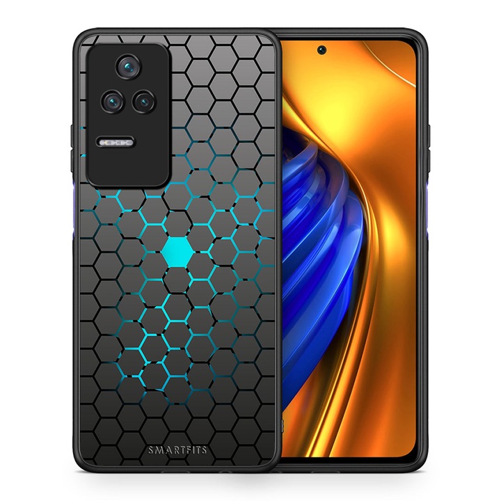 Husa pentru Xiaomi Poco F4 / Redmi K40S, Smartfits, Model hexagon, TPU, Negru/Turcoaz