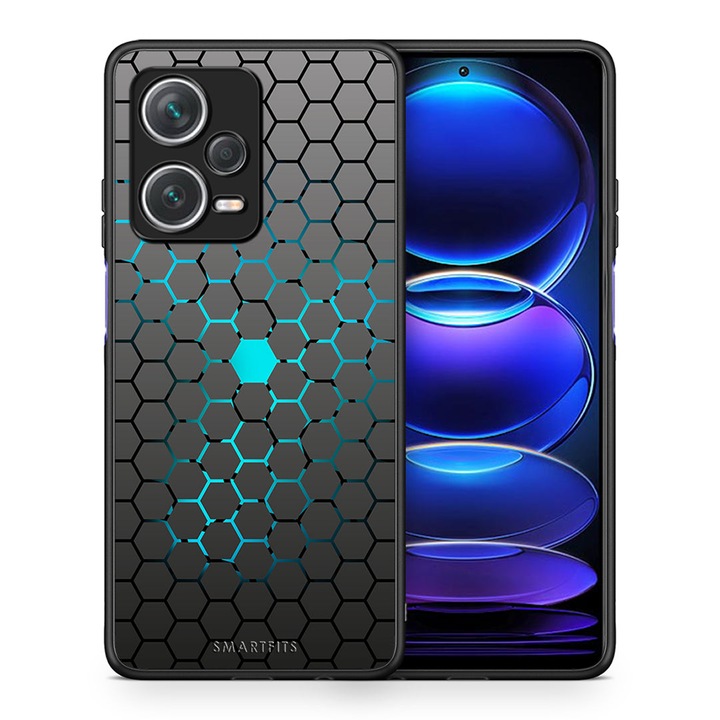 Husa pentru Xiaomi Redmi Note 12 Pro Plus / 12 Pro, Smartfits, Model hexagon, TPU, Negru/Turcoaz