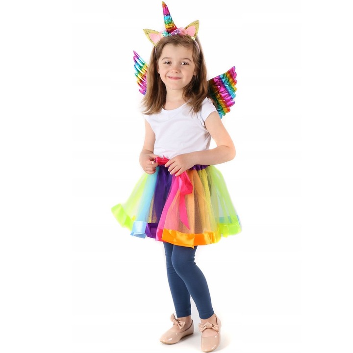 Costum carnaval pentru fetite, Zola®, model unicorn multicolor, aripi multicolore, coronita si fustita tulle, varsta + 3 ani