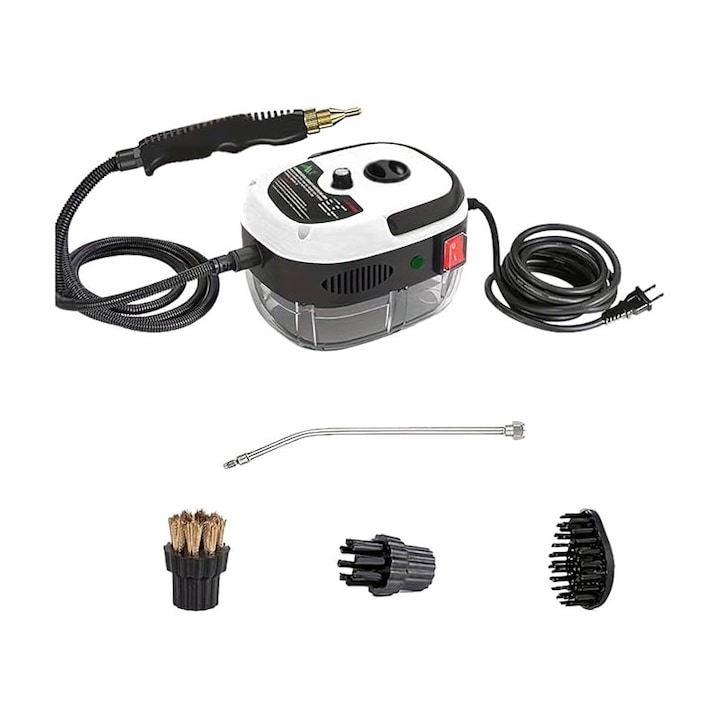 Aparat de curatat cu abur cu trei perii, 2500W, rezervor de apa 1.0L, incalzire 3 minute, 3BAR, 4 accesorii incluse, alb/negru