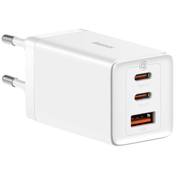 Incarcator retea Baseus GaN5, 65W, 2x USB-C, 1x USB (cablu USB-C inclus), Alb