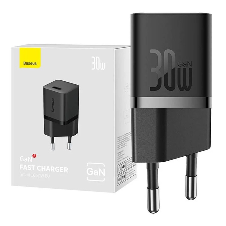 Мрежово зарядно Baseus, GaN5 Fast Charger 30W, 1 x USB Type-C 5V/3A, черно "CCGN070401" - 6932172624439