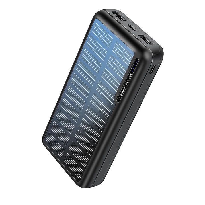 Hordozható töltő Power Bank, NUODWELL, napelemes töltés, 5V/2.1A, 10W, bemenet Type-C/micro USB-vel, 2 * USB kimenet, LED jelzőfény, beépített intelligens IC chip, műanyag + PC, 145 * 72 * 27 mm, 30000 mAh, fekete